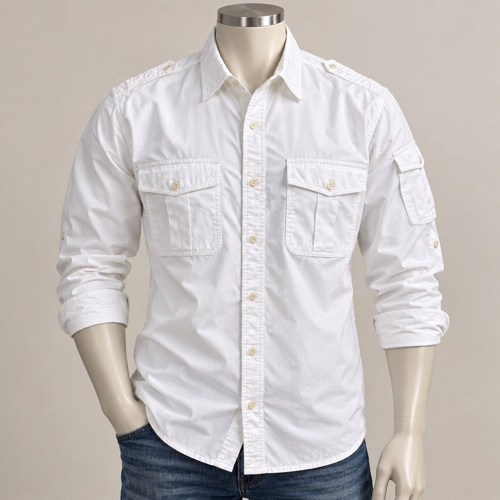 Orvis Mens White Long Sleeve Safari Bush Shirt Cotton Roll Tab Pocket Size M